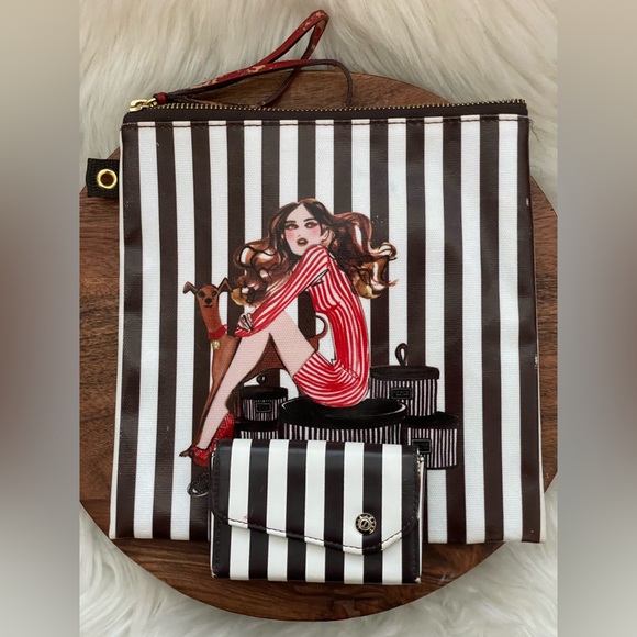 henri bendel Handbags - HENRI BENDEL Striped Coated Canvas Girl On Hatbox Zip Pouch & Card Case SET